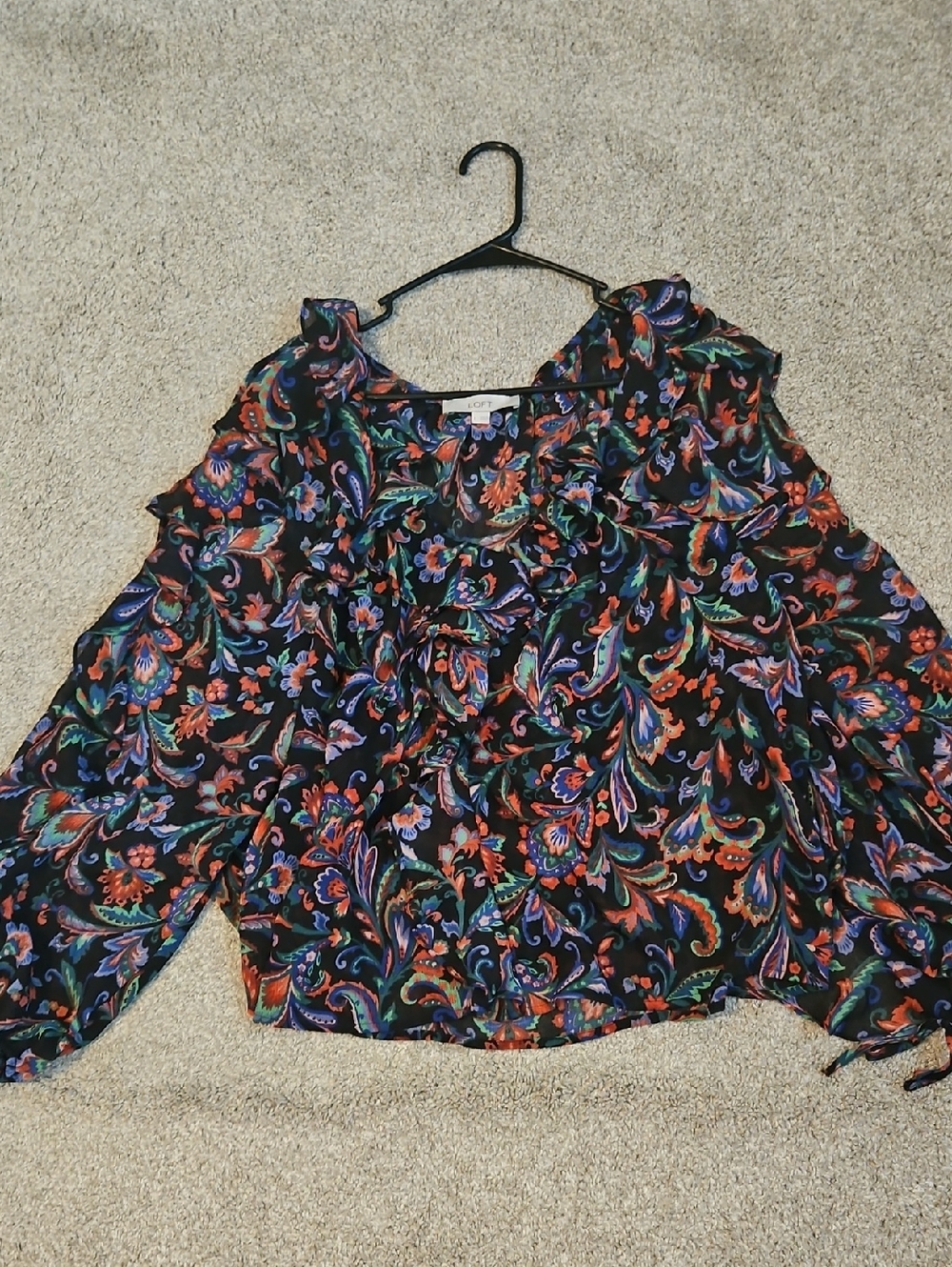 LOFT Floral Paisley Blouse Women’s Large Ruffle Front Long Sleeve Boho Top NWOT